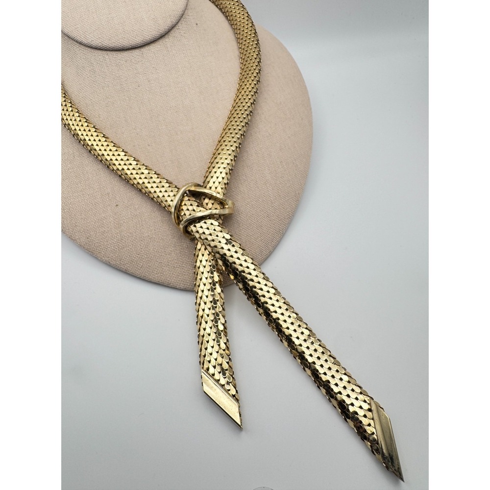 Vintage Whiting and Davis Necklace Mesh Lariat Tie Scarf Bolo Disco Gold Tone